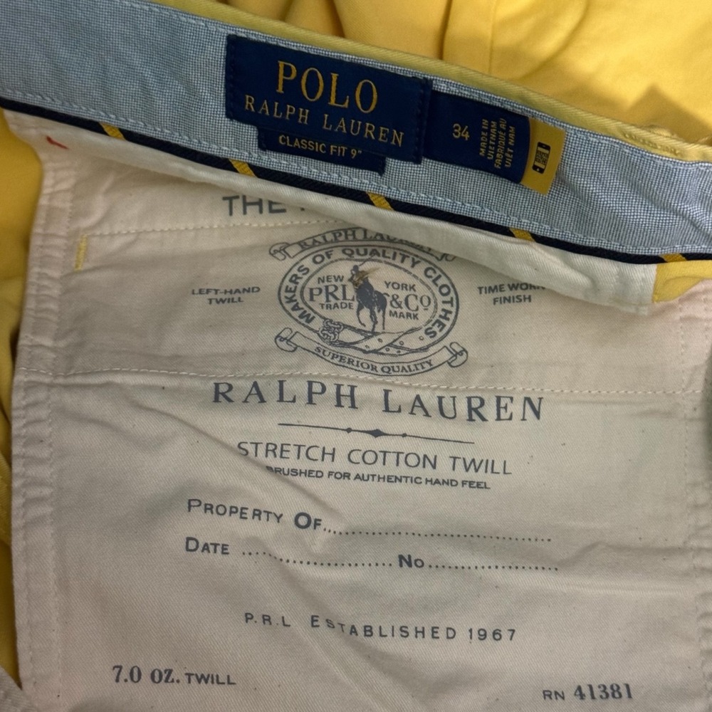 Polo Ralph Lauren Chino Shorts Mens 34 Classic 9Inch Cotton Twill Solid Yellow - Picture 3 of 8